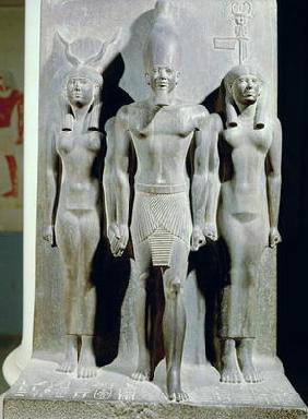 Triad of Menkaure (Mycerinus) with the goddess Hathor and the goddess of the Aphroditopolis nome, ta