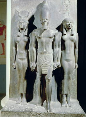 Triad of Menkaure (Mycerinus) with the goddess Hathor and the goddess of the Aphroditopolis nome, ta from 4th Dynasty Egyptian