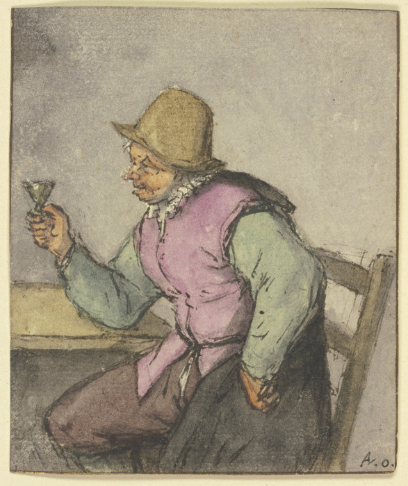 An einem Tisch sitzender Bauer mit Glas, nach links from Adriaen van Ostade