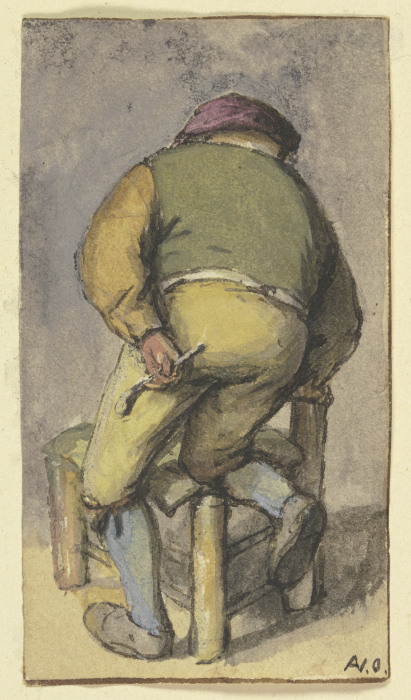 Bauer von hinten, mit dem rechten Bein auf einem Stuhl kniend from Adriaen van Ostade