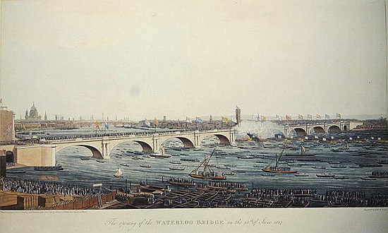 The Opening of the Waterloo Bridge on the 18th of June, 1817, etched by A. Pugin from a drawing from Augustus Charles