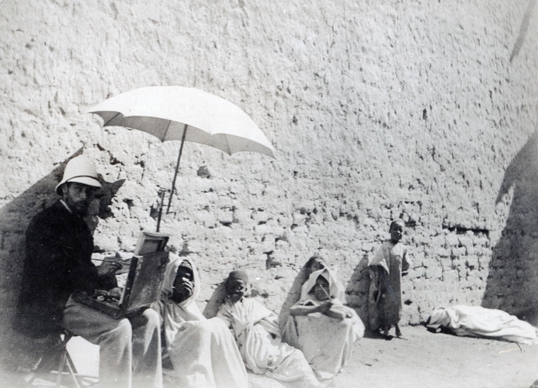 Paul Albert Laurens painting at Biskra, Algeria, 1892 (b/w photo)  from French Photographer