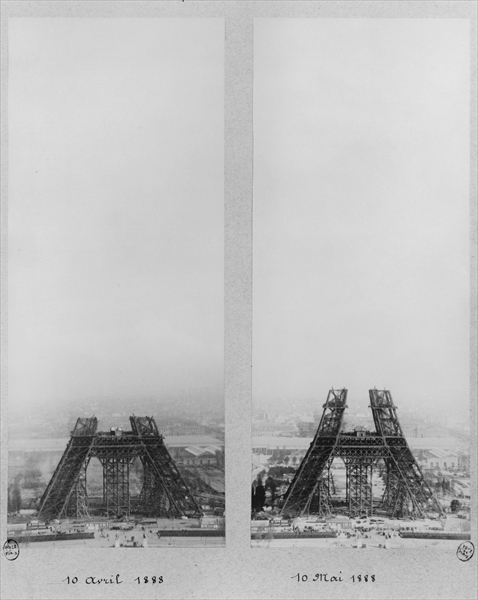 Two views of the construction of the Eiffel Tower, Paris, 10th April and 10th May 1888 (b/w photo)  from French Photographer