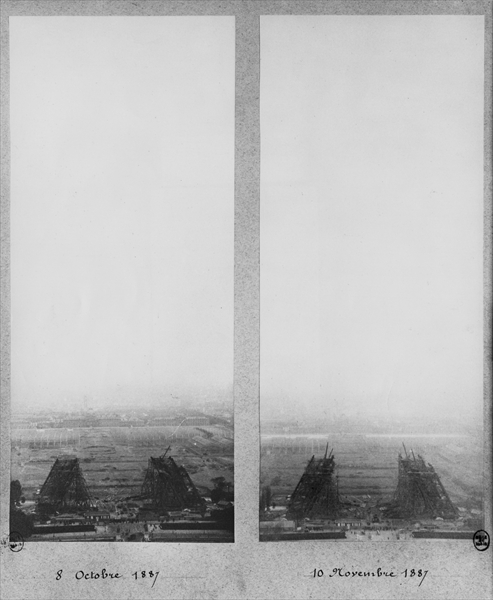 Two views of the construction of the Eiffel Tower, Paris, 8th October and 10th November 1887 (b/w ph from French Photographer