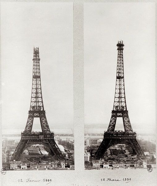 Two views of the construction of the Eiffel Tower, Paris, 12th February and 12th March 1889 (b/w pho from French Photographer