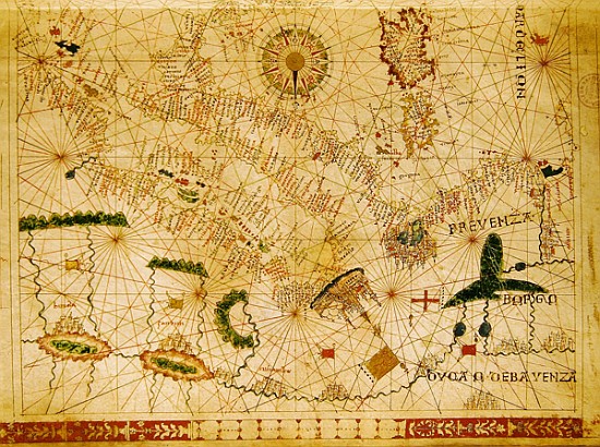 Provence and Italy, from a nautical atlas, 1520(detail from 330915) from Giovanni Xenodocus da Corfu