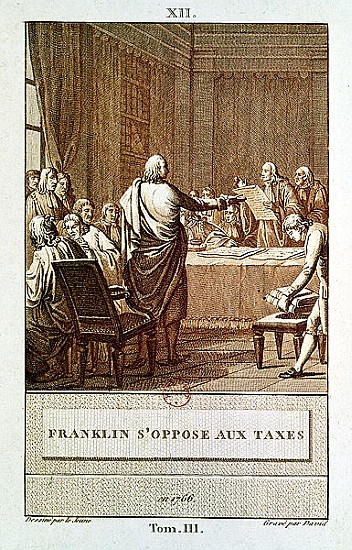 Benjamin Franklin Presenting his Opposition to the Taxes in 1766; engraved by David from Le Jeune