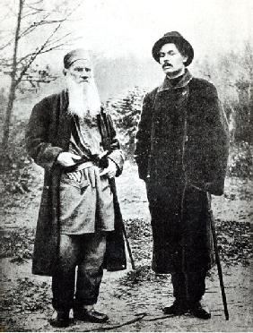 Maxim Gorky (Aleksei Maksimovich Peshkov) visiting Lev Tolstoy at Yasnaya Polyana in 1900 (b/w photo