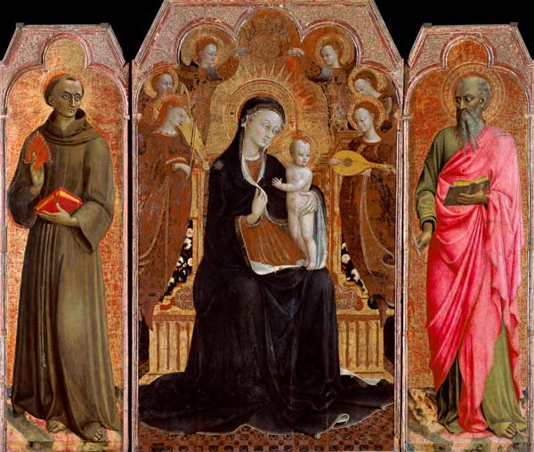 Maria mit dem Kind und sechs Engeln, sowie die hll. Antonius/Padua und Joh.Evang from Sassetta (Stefano di Giovanni di Consolo)
