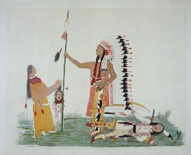 Comanche and his wife encounter and fight with a Ute, from a series of legendary episodes painted by
