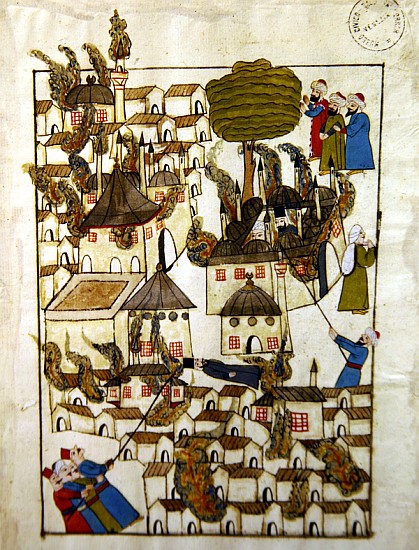 Ms. cicogna 1971, miniature from the ''Memorie Turchesche'' depicting the great fire at Constantinop from Venetian School