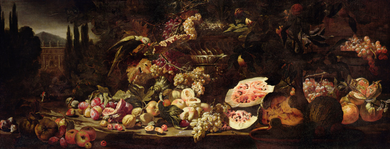 Still life of fruit with a green parrot and a silver vase from Abraham Brueghel