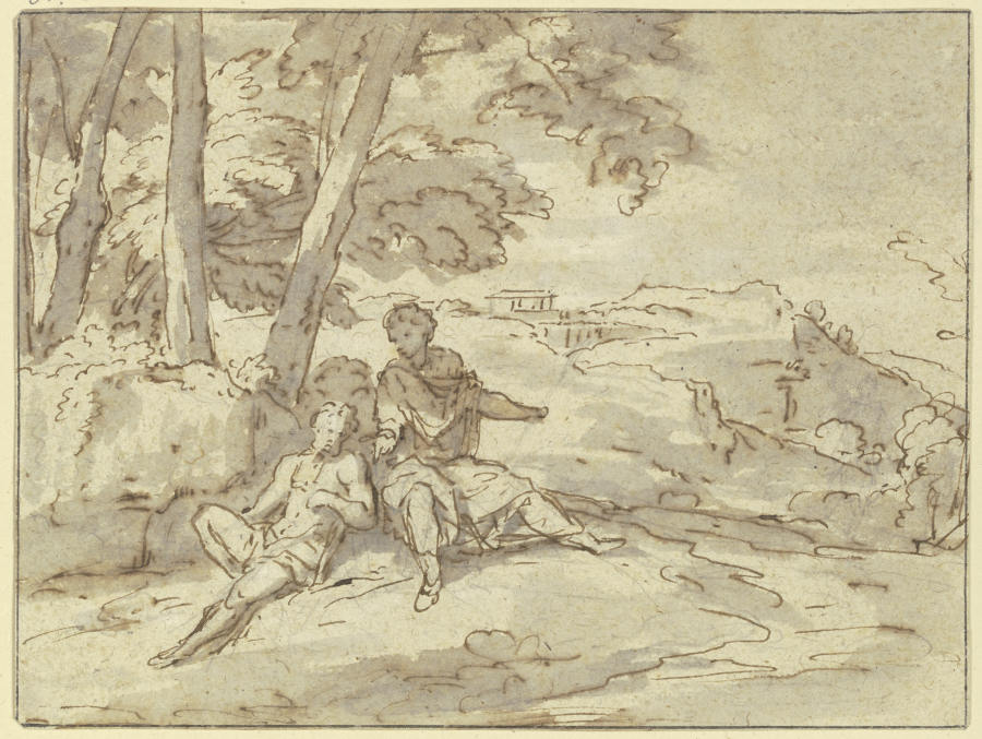 In einer Landschaft sitzen unter einer Baumgruppe zwei antike Figuren from Abraham Genoels d. J.