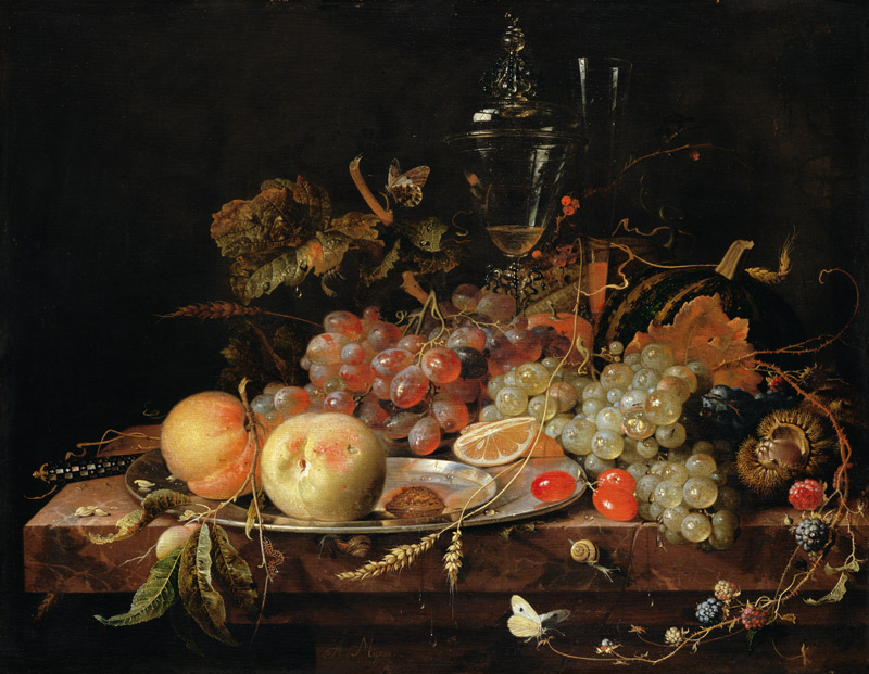 Stillleben mit Früchten, Zinnteller und Weingläsern from Abraham Mignon