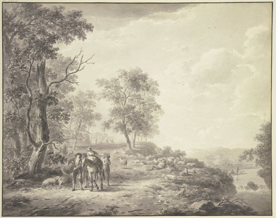 An einem Abhang ein schlafender Schäfer mit seiner Herde, weiter links eine Bäuerin zu Pferde umgebe from Abraham Teerlink