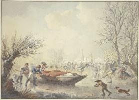 Winterlandschaft, auf dem Eis schieben drei Männer ein Boot dem Land zu, rechts ein Schlittschuhläuf