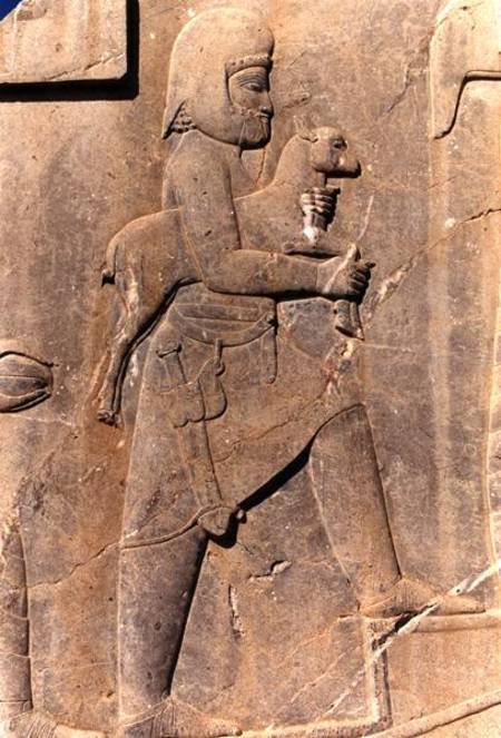 A Mede carrying a sacrificial lamb up the eastern stairway of the south portico of Darius' palace from Achaemenid