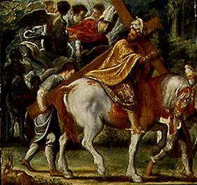 Hausaltar der Kreuzlegende: Heraklius mit dem Kreuz wird der Einzug zu Pferd verwehrt. from Adam Elsheimer