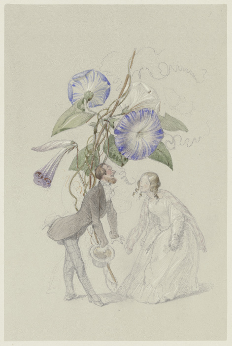 Ein Bouquet von blauen Winden, darunter ein sich voreinander verbeugendes Paar from Adolf Schroedter