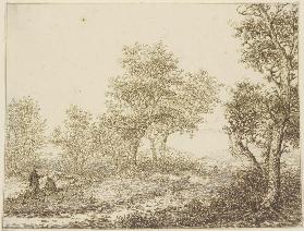 Landschaft mit Bäumen,  links zwei Männer im Gespräch