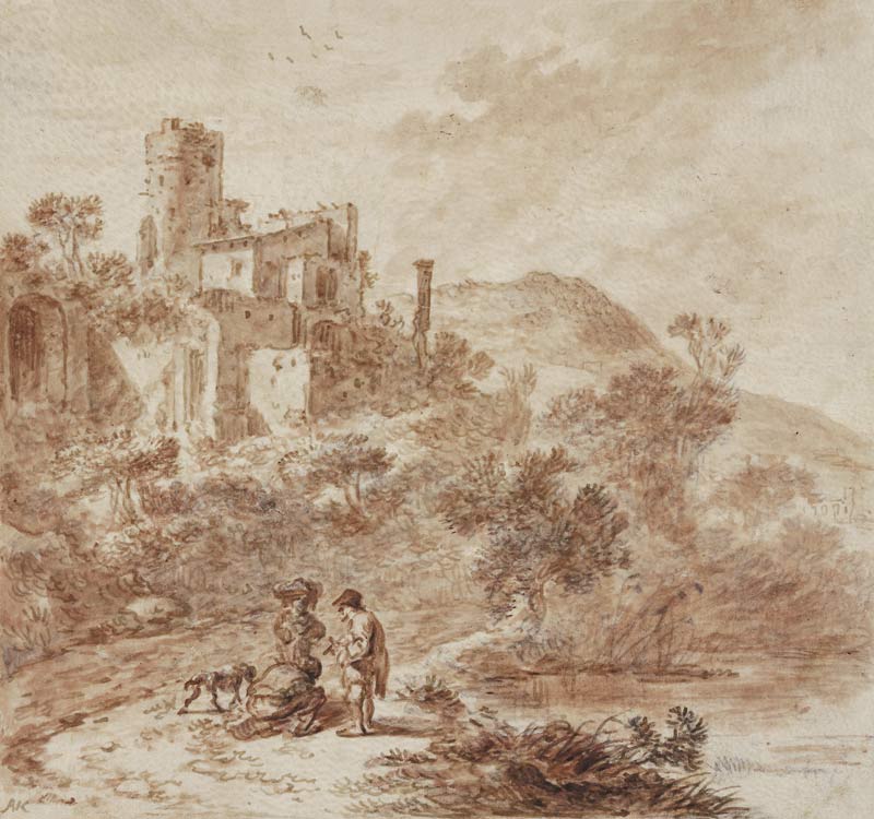 Ruine einer Villa, vorne am Weg drei Leute und ein Hund from Adriaen van der Cabel
