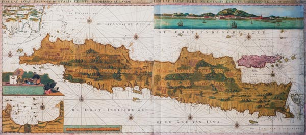 Insulae lavae, a large folding map of Java with two insets both depicting views of Batavia (Jakarta) from Adrian Reland