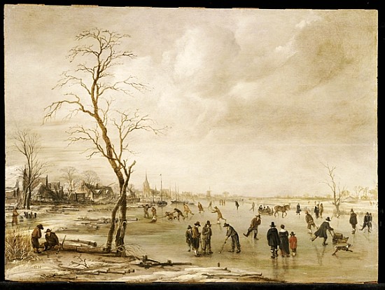 A Winter Landscape with Townsfolk Skating and Playing Kolf on a Frozen River, a Town Beyond from Aert van der Neer