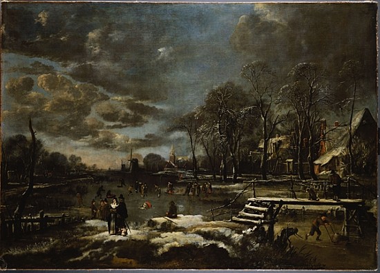 A Winter River Landscape with Figures Playing Golf and Skating from Aert van der Neer