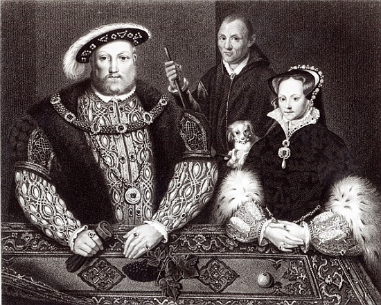 Henry VIII, his daughter Queen Mary and Will Somers, after a 16th century oil painting, painted post from (after) English School