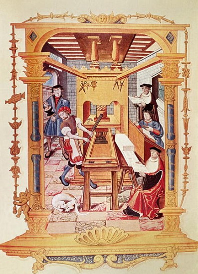 Interior of a 16th century printing works, copy of a miniature from ''Chants royaux sur la Conceptio from (after) French School