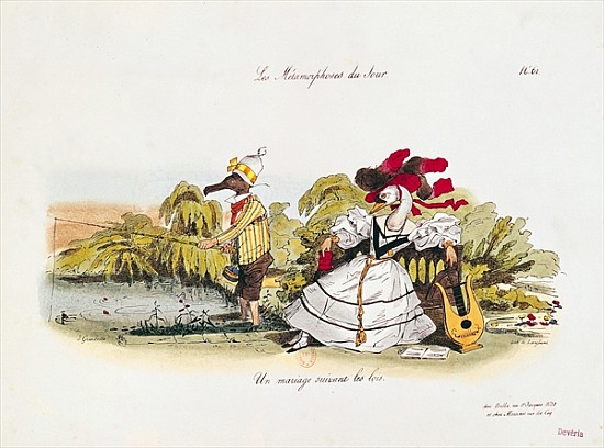 Marriage the Book, caricature from ''Les Metamorphoses du Jour'' series; engraved by  G. Langlume (1 from (after) Grandville (Jean Ignace Isidore Gerard)
