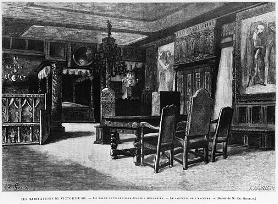 Homes of Victor Hugo, the lounge at Hauteville house in Guernsey, the armchair of the ancestor; engr from (after) Charles Gosselin