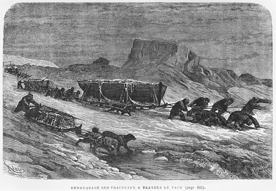 Pulling the sledges through the pack ice, illustration from ''Expedition du Tegetthoff'' Julius Pray from (after) Edouard Riou