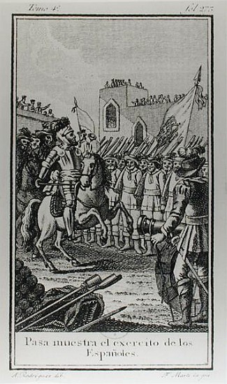 Hernando Cortes (1485-1547) Reviewing his Troops; engraved by Antonio Rodriquez from (after) F. Marti