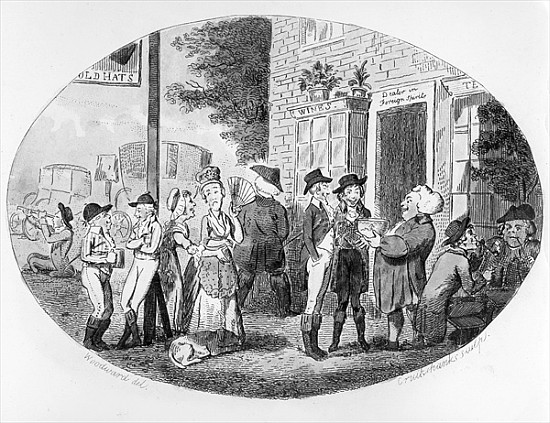 Outside the Old Hats Tavern; engraved by Isaac Cruikshank from (after) George Moutard Woodward