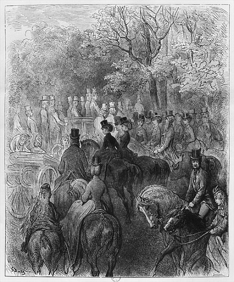 Carriages and riders at Hyde Park, illustration from ''Londres'' Louis Enault (1824-1900) 1876; engr from (after) Gustave Dore