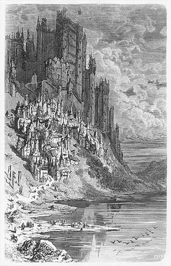 Fantasy landscape with town and castle, illustration from ''Les Contes Drolatiques'' Honore de Balza from (after) Gustave Dore