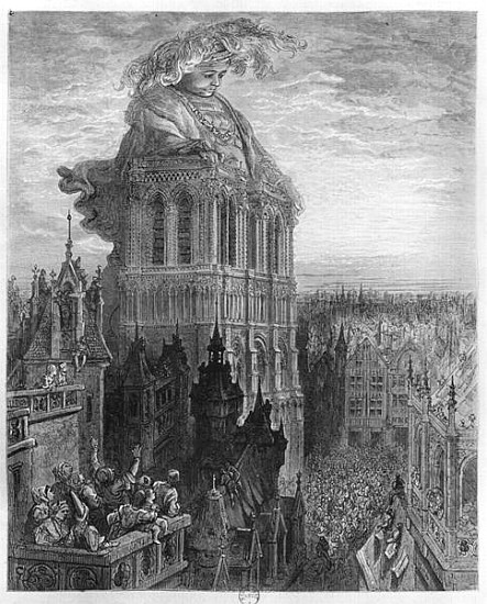 Gargantua on the towers of Notre-Dame at Paris, illustration from ''Gargantua'' Francois Rabelais (1 from (after) Gustave Dore