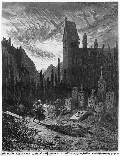 The Wandering Jew in the cemetery; engraved by Octave Jahyer (b.1826) from (after) Gustave Dore