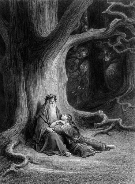 The Enchanter Merlin and the Fairy Vivien in the forest of Broceliande, from ''Vivien'', poem Alfred from (after) Gustave Dore
