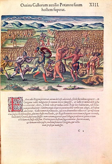 The French Help the Indians in Battle, from ''Brevis Narratio..''; engraved by Theodore de Bry (1528 from (after) Jacques (de Morgues) Le Moyne