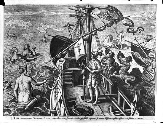 Christopher Columbus (1451-1506) on board his caravel, discovering America from (after) Jan van der (Joannes Stradanus) Straet