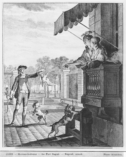 Taking up a bet; engraved by Camligue (fl.1785) c.1777 from (after) Jean Michel the Younger Moreau