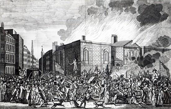 An exact representation of the Burning, Plundering and Destruction of Newgate the Rioters on the mem from (after) Jefferyes Hamett O'Neale