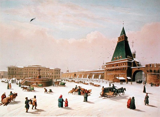 Loubyanska Square in Moscow, printed Louis-Pierre-Alphonse Bichebois (1801-50) from (after) Paul Marie Roussel