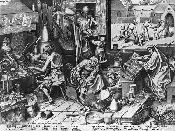 The Alchemist at work; engraved by Hieronymus Cock (c.1510-70) from (after) Pieter the Elder Bruegel