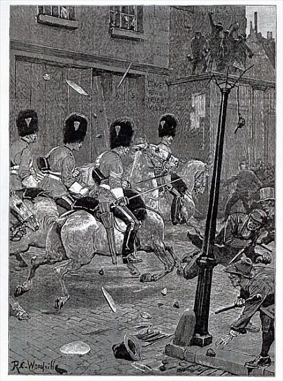 The Irish Land League Agitation: Scots Greys charging the mob at Limerick, illustration from ''The I from (after) Richard Caton Woodville