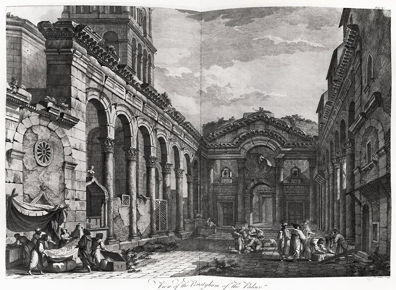 View of the peristyle of the palace of Diocletian (245-313), Roman Emperor 284-305, at Split on the  from (after) Robert Adam