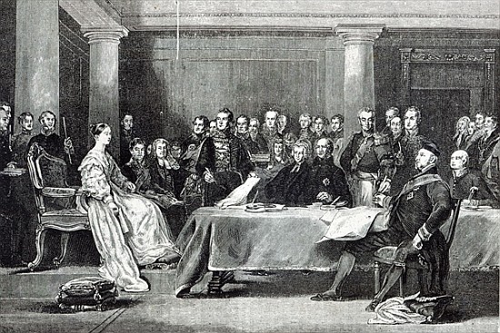 The Queen''s First Council, from ''Leisure Hour'' from (after) Sir David Wilkie