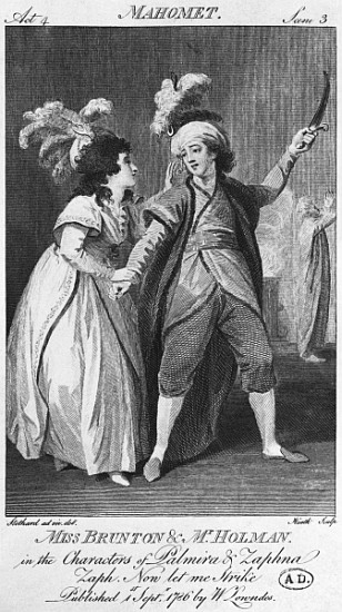 Miss Brunton and Mister Holman as Palmira and Zaphna, illustration from Act IV, Scene 3, of ''Le Fan from (after) Thomas Stothard